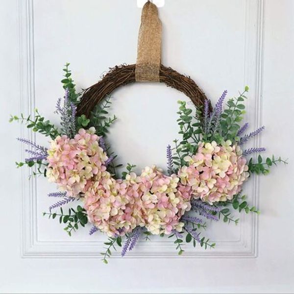 18" kunstig hortensia krans til hoveddør, hvid pink, håndlavet, blomsterkrans med grønne blade, dekorativt forår