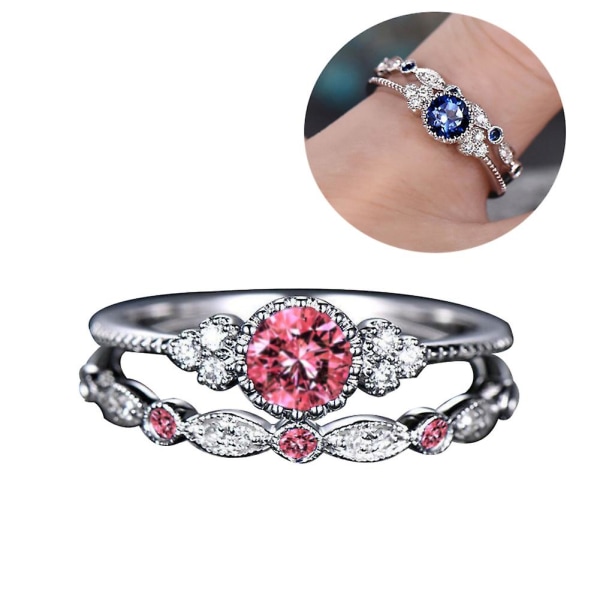 2 stk/sæt Kvinder Cubic Zirconia Indlagt Stabelbar Fingerring Bryllupssmykker gave Pink US 6