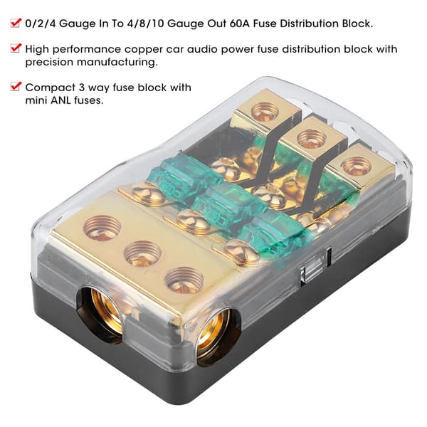 0/2/4 Gauge Ind Til 4/8/10 Gauge Ud 60A 3-vejs Mini ANL Sikringsholder Distributionsblok til Auto Lydsystem
