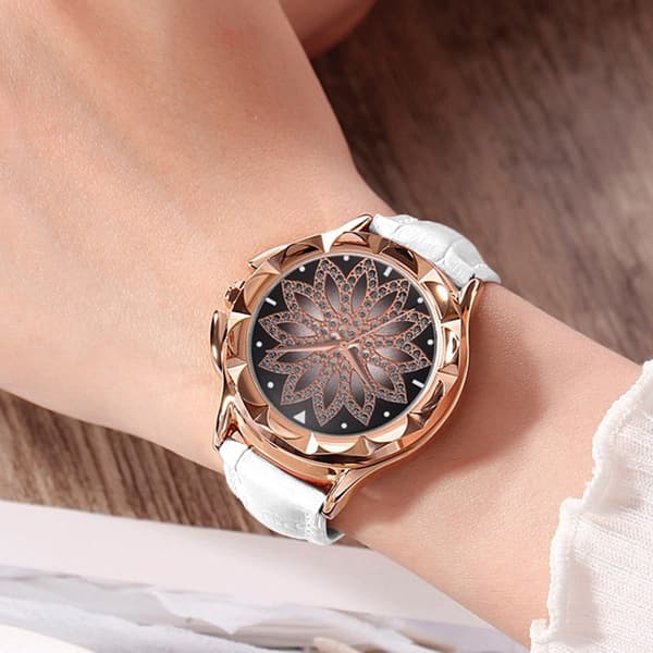 Lyx Rhinestone Blomsterindlæg Dame Læderrem Quartz Ur
