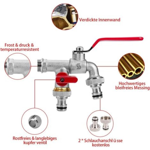 Kaksinkertainen puutarhahana, hana 2 3/4" ulostulolla - 1/2" tulo, 1 rullatiivistenauha, kaksoisliitin ja letkun pää puutarhaan, sadesäiliö, pesu M