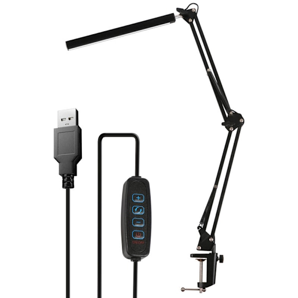 12W-svart LED-bordslampa med lång arm Vikbar läsklämma Skrivbordslampa，Lämplig för sovsalar, sovrum, personliga utrymmen