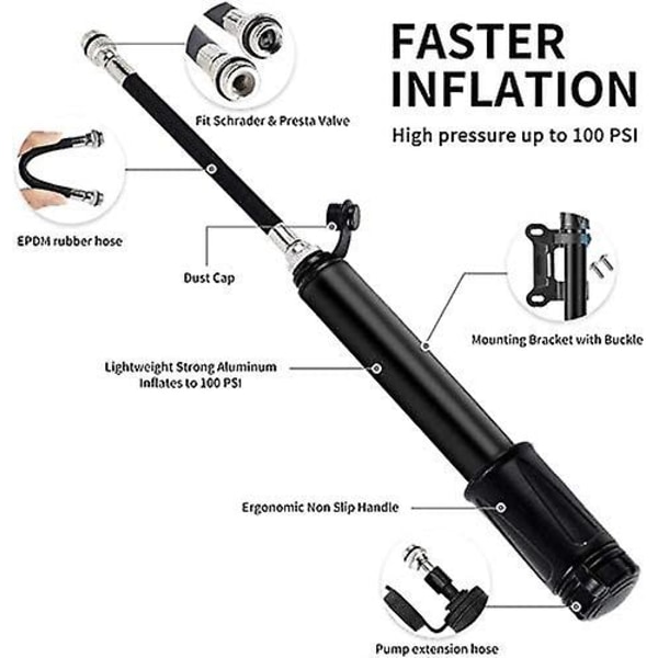 Mini högtryckscykelpump för Presta & Schrader Lättvikt med kompakta och pålitliga ventiler för Mtb, Bmx, landsvägscykel, mountainbike, kulpump