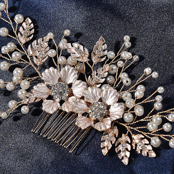 Brudkammar Crystal Pearls Bröllopshårtillbehör för brudblomma hårnålar Gold