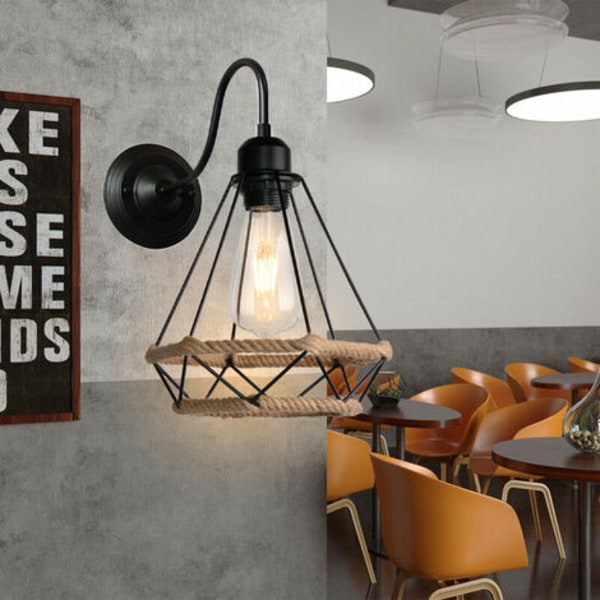 Retro Hamp Rope Væglampe E27 Metal til Soveværelse Stue Loft Sort - Sort