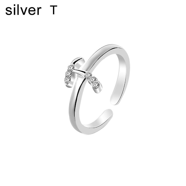 Mode Kvinder Simpel A til Z Engelsk Alfabet Bogstav Rhinestone Åben Ring smykker Silver F