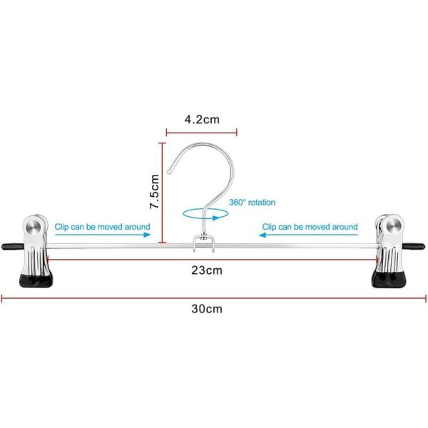 Sæt med 10 metalbuksereoler med to 360° justerbare skridsikre clips til bukser, nederdele og sokker.