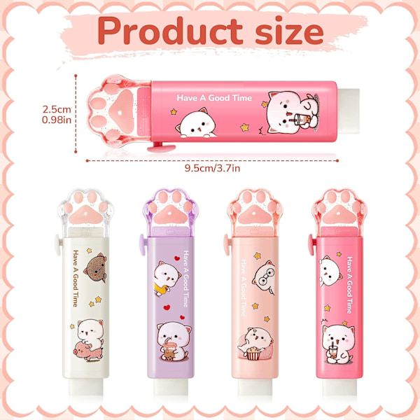 8 stykker Cat Paw Erasers, Push-Pull Design, Retractable Eraser, Kawaii Eraser, Velegnet til børn, studerende, skole, kontor, papirvarer