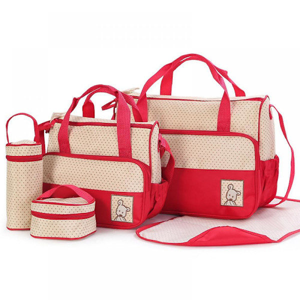 Viisiosainen Mummy Bag vaippalaukku Monitoiminen matka-vedenpitävä muumiolaukku, äitiyslaukut, joissa on suuri kapasiteetti ja useita taskuja A916-01 Red