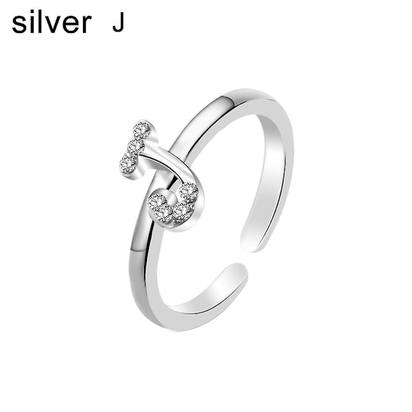 Mode Kvinder Simpel A til Z Engelsk Alfabet Bogstav Rhinestone Åben Ring smykker Silver J