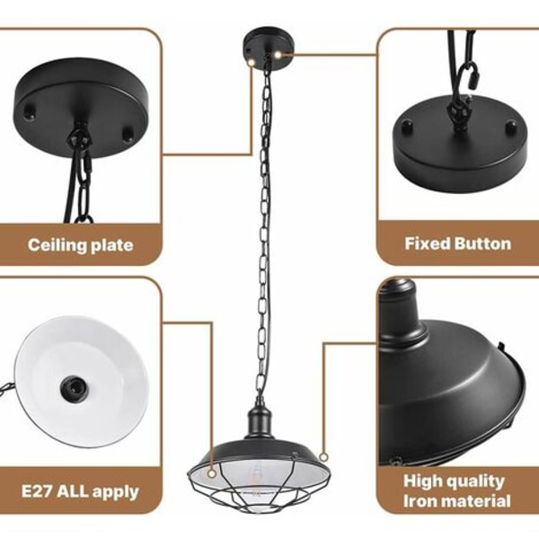 Ljuskrona Pendel Light Industrial Taklampa E27 Metallskärm för sovrum Vardagsrum Bar Restaurang Svart - 26cm -