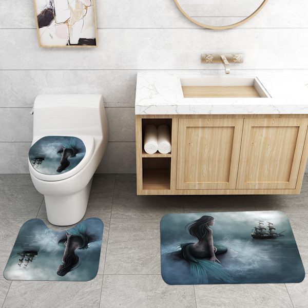 Havfrue Print Vandtæt bruseforhæng med fire dele toiletpude Badeværelsesgardin, Y02,
