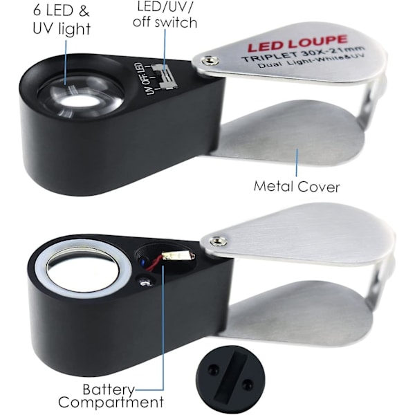Forstørrelse Juveler Øjenlup Triplet Lens Foldbar lup forstørrelsesglas til ædelstene, smykker, mønter, frimærker osv. (30x forstørrelse + Uv LED-lys)