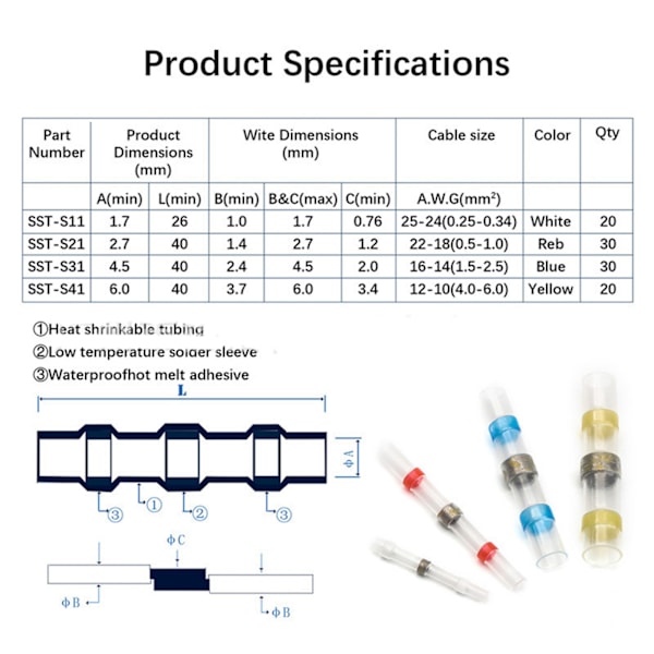 1 sæt vandtætte loddemuffer isolerede samlestik med krympemuffer - Hvid 70, Rød 80, Blå 80, Gul 35 og Rørformet 535