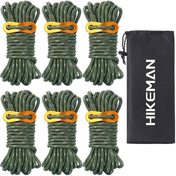 6-pack kraftigt campingrep 5 mm reflekterande rep med spännare Stark nylon för stora tält Stor presenning Markis Etc