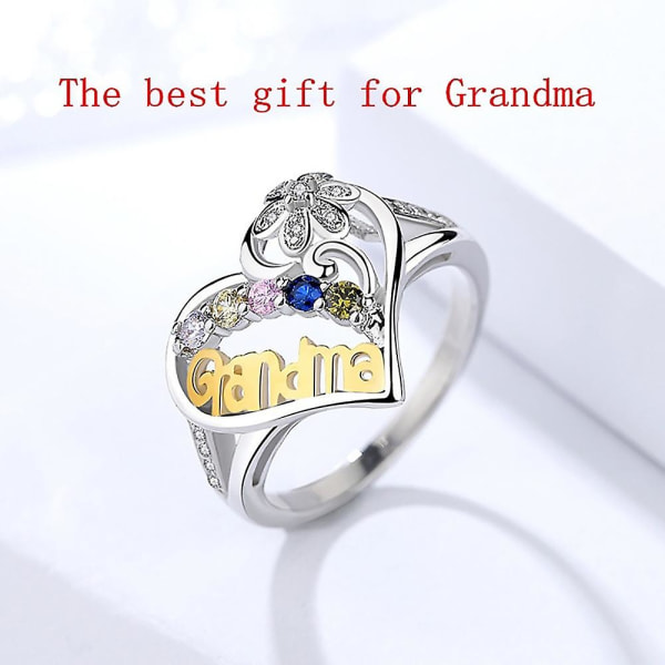 Mormor Brev Hollow Love Heart Strass Finger Ring Smycken Födelsedagspresent US 6