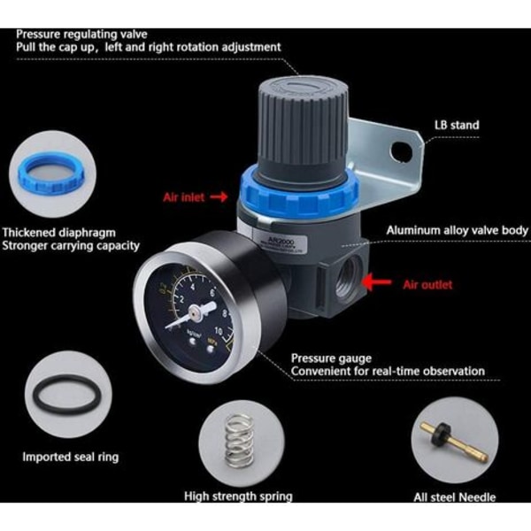 G1/4" trykmåler, AR2000 trykmåler 0,05~0,85 mPa, pneumatisk trykregulator, lufttryksregulator, til luft