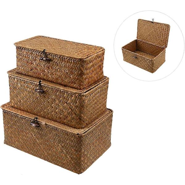 Vävd flätad korg med lock Seagrass Tvättservice Rotting Organizer Box för badrum Vardagsrum Kök