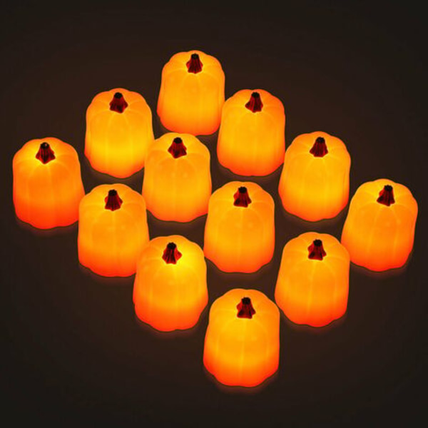 12x LED Græskar fyrfadslys LED Knap stearinlys Fairy Lights Halloween stearinlys - orange