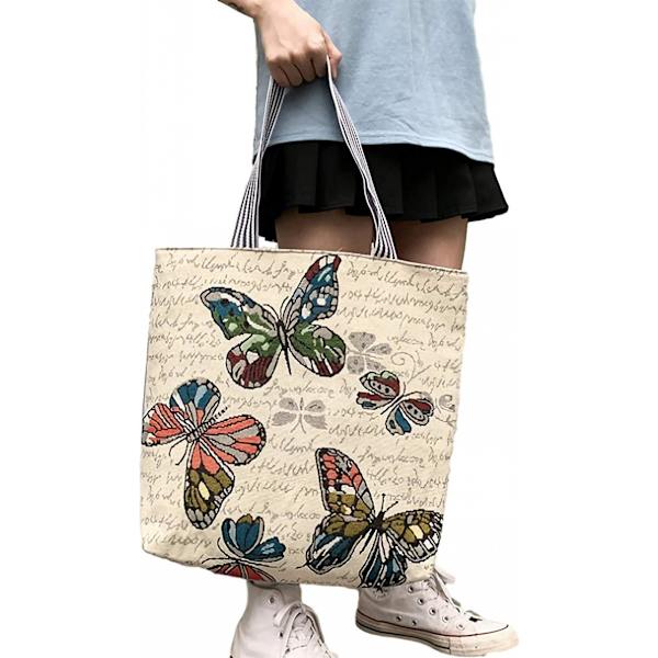 Canvas-kangaskassi naisille, uudelleenkäytettävä ruokaostoskassi Kannettava olkalaukku koululaukku A916-411 Butterfly