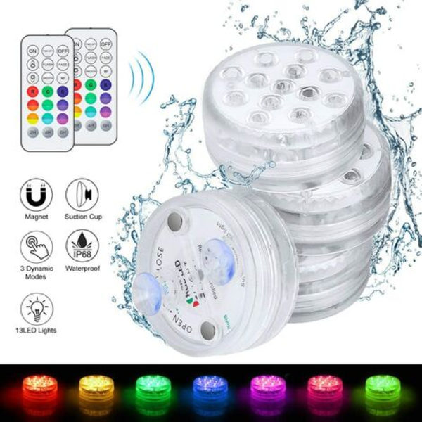 4 stk. Dykbare LED-lys, svømmebassinlamper IP68 Vandtætte 16 RGB-farver skifter med sugekopper Lys til Aq