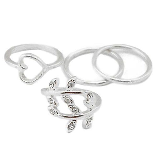 4st/ set Rhinestone Leaf Heart Above Knuckle Midi Stack Ring Boho Party Smycken Silver