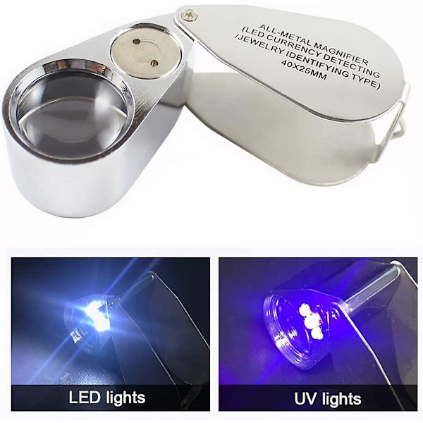 Jyome Metal Folde Juveler-lup med 40x LED-lys til registrering af valuta og identifikation af Lupe-type