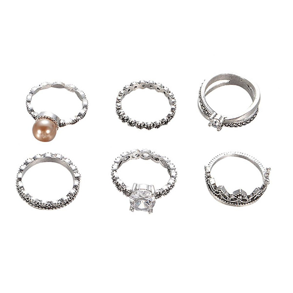 6 kpl Retro Naisten Faux Pearl Zircon Crown Hollow Band Ristemäiset Midi Sormukset Korut
