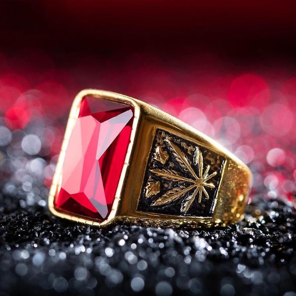 Mænd Square Rhinestone Udskåret Maple Leaf Band Titanium stål Ring smykker gave Steel Color US 11 Red..