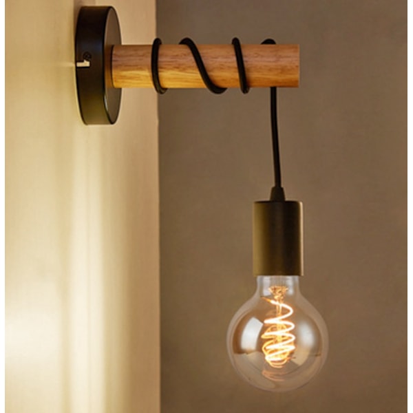 Seinävalaisin, Vintage Industrial Design, Puu ja metalli, Olohuoneen ja makuuhuoneen valaistus, E27-kanta, max 10W LED-polttimolle, Musta,