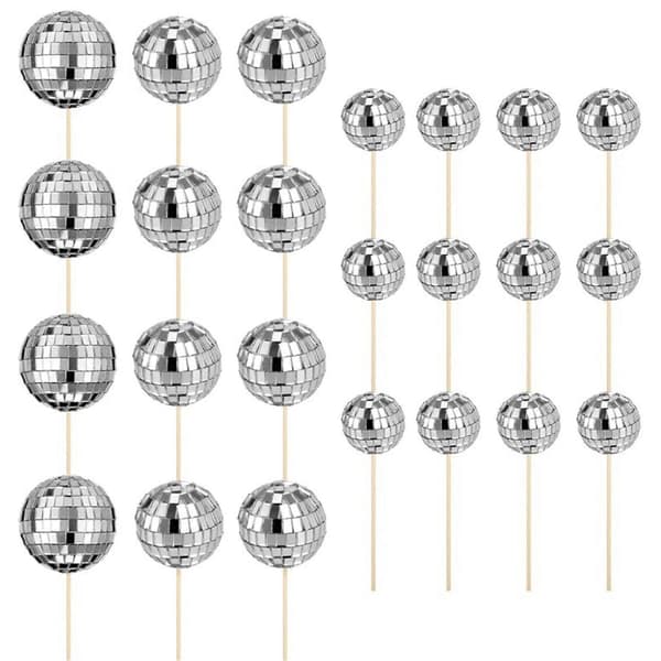 24 stk. reflekterende discokule-cupcaketopper kakedekorasjoner til bryllup, bursdagsfest, desserttilbehør, sølv Silver