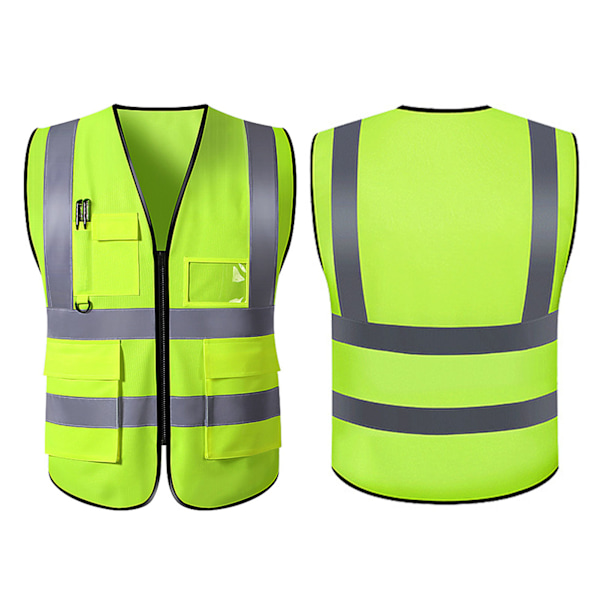 Sikkerhedsreflekterende vest til byggeri, industri, bygning, vej, vejtrafik, lynlåslukning, multi-lomme design - Grøn