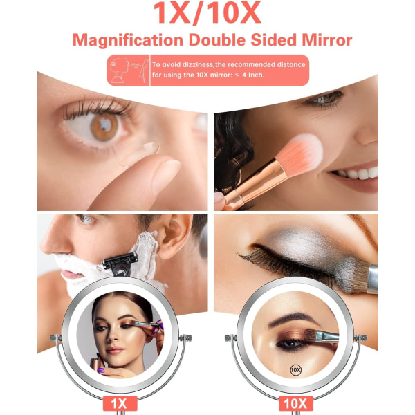 Lighted Makeup Mirror with Light and Magnifier, 1x/10x Magnification Double Sided LED Mirror 360° Rotatable Round Mirror