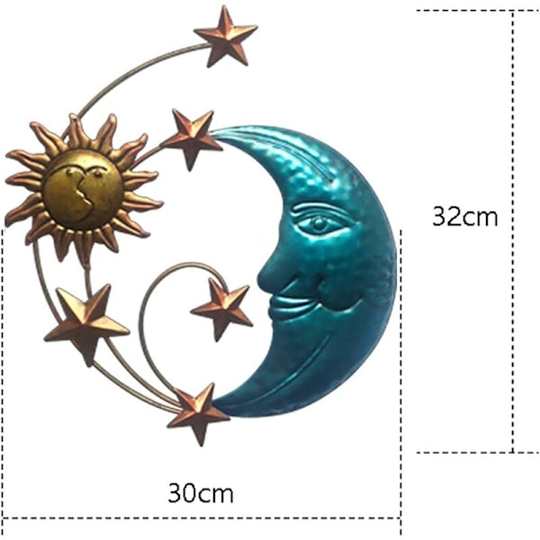 Konstnärlig metall sol- och månväggkonst, antik finish, blå