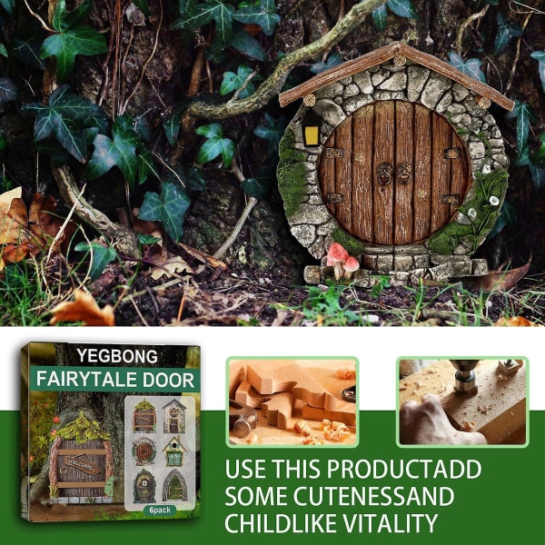 6st Fairy Doors Färgglada Realistiska genombrutna Tracery Skulpturmönster Med Graverad Design Dekorativ Trä Miniatyr Trädgårdstomtar Dörrar För Court