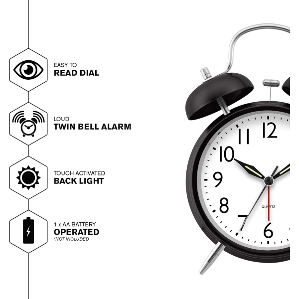 Dual Bell Alarm Clock - Kraftfull väckarklocka - Idealisk för tunga sovandes - Batteridriven Quartz Analog Clock (Vit)