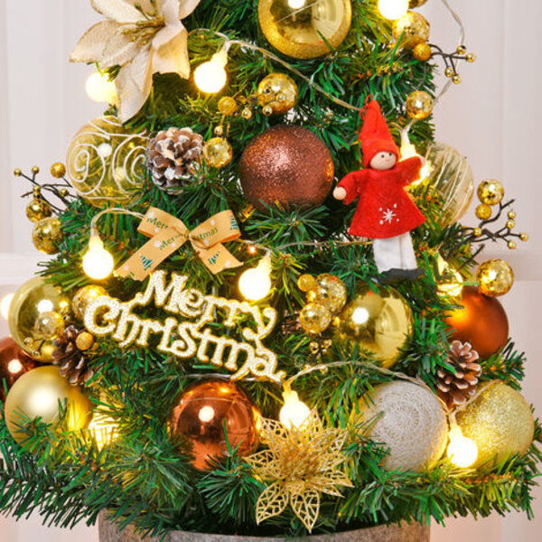 45 cm lille kunstigt juletræ, lille juletræ med LED-lys, til helligdage, julefester, guld