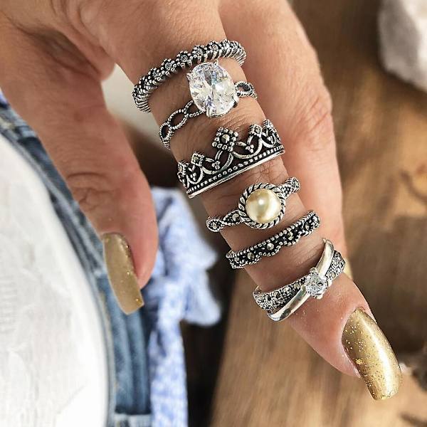 6 kpl Retro Naisten Faux Pearl Zircon Crown Hollow Band Ristemäiset Midi Sormukset Korut