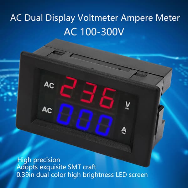 Digital LED voltmeter/strømmåler - AC 100~300V, 0-100A (rød/blå)