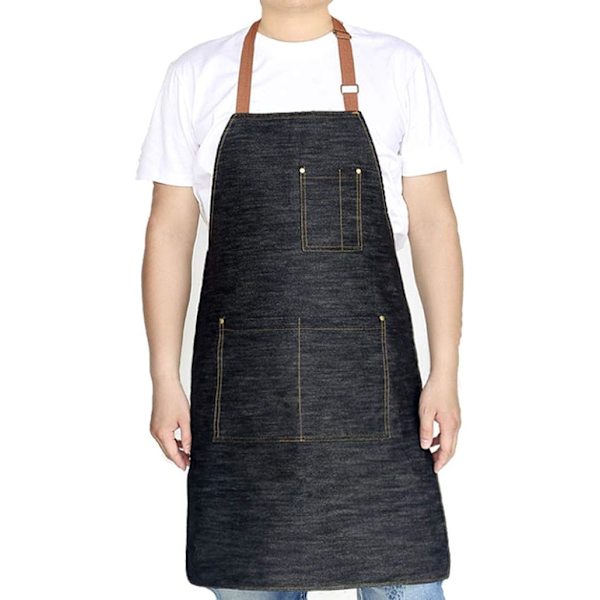 Unisex justerbart jeansförkläde med multi fickor för matlagning i köket Svart