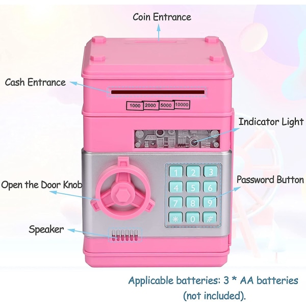 Adgangskode ATM sparegris, pink+sølv, 13,5*12*19cm
