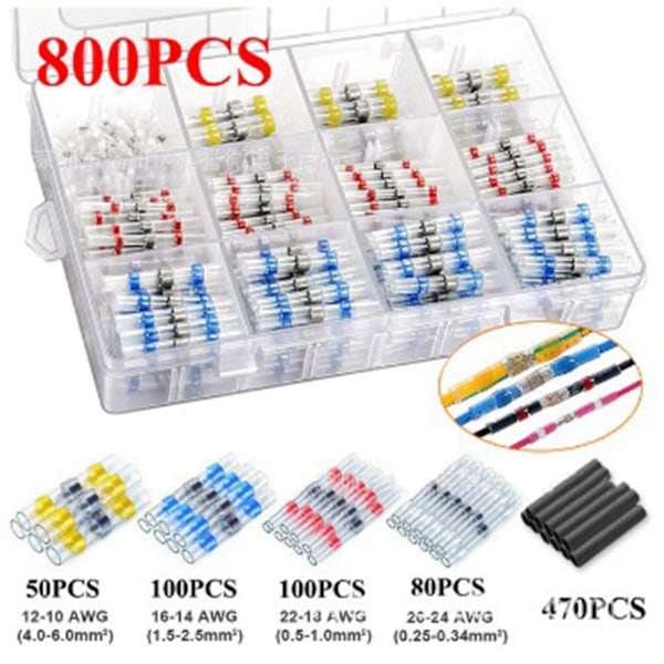 1 sæt vandtætte loddemuffer isolerede samlestik med krympemuffer - Hvid 70, Rød 80, Blå 80, Gul 35 og Rørformet 535