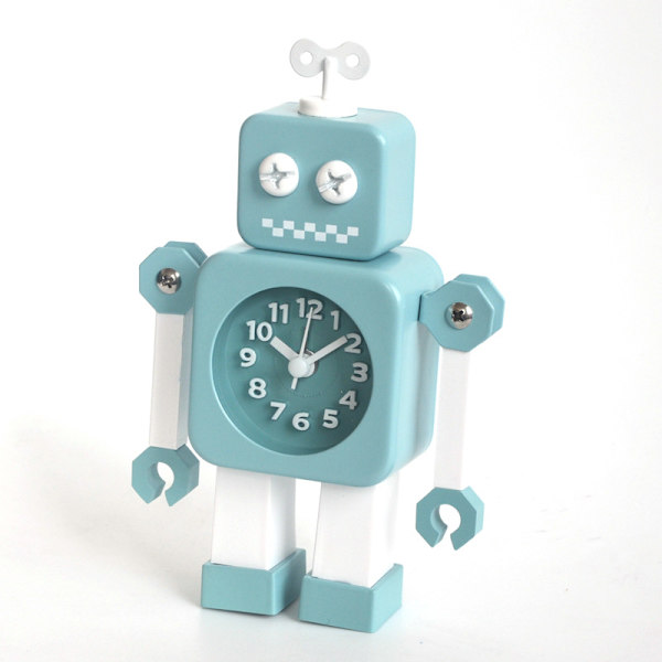 Barns tecknade tyst klocka studie skrivbord robot enkel väckarklocka, blå, 11*4*17cm,
