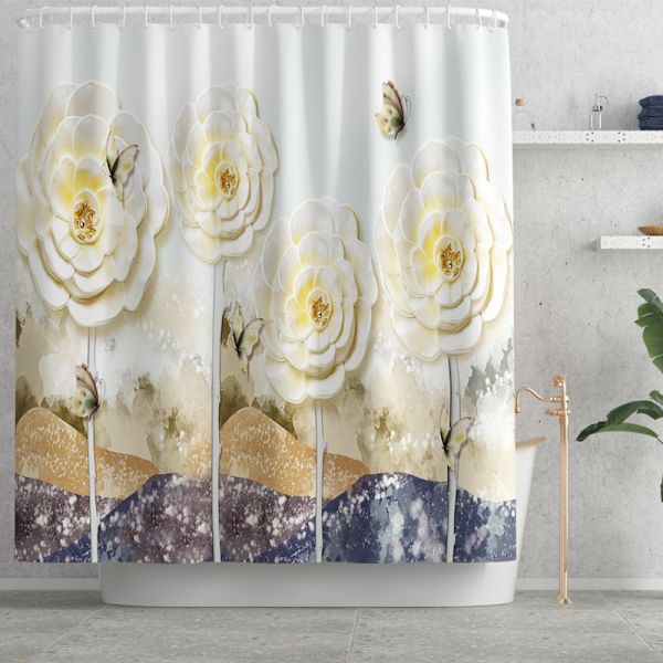 Fyra delars set målade och printed golvmattor präglade plommonblommor Birdie polyester duschdraperi, N03,