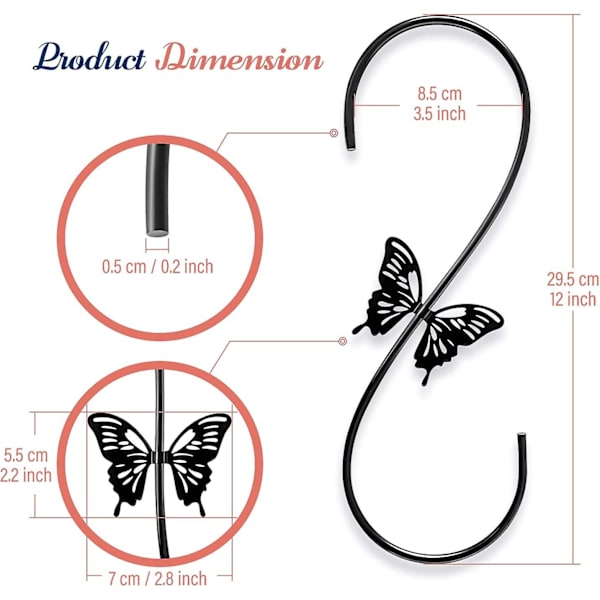 2-pack metall fågelmatarkrokar 12 tums fjärilsdesignkrokar för att hänga fågelmatare Chime Lantern Black