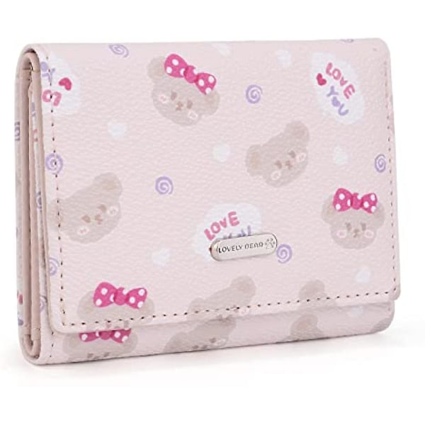 Kawaii Plånbok för tjejer Söt björn Vegansk läderkorthållare Organizer Trifold Damväska, Lovely Bear A916-786 Pink