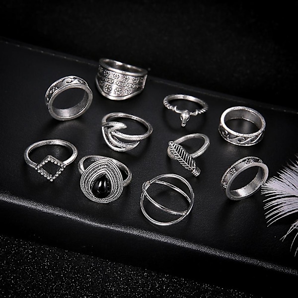 10st Kvinnor Totem Fjäder Finger Midi Knuckle Rings Set Bohemian Smycken Present