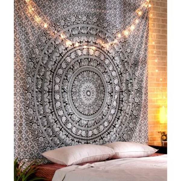 Mandala Väggtapet - Svart - Stor storlek Hippie Tapestry Beach Elephant Printed Väggupphängning i bomull för sovrum D