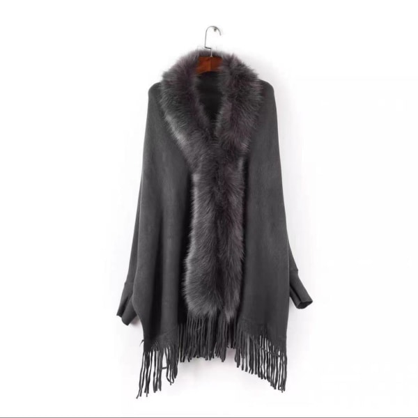 Plus size tofsstickad pälskrage sjalponcho för kvinnor grey