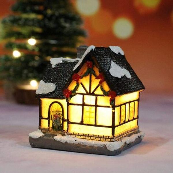 Udsøgt Luminous Resin Cottage Julehus, Snow Village Houses Juleharpiks Miniature House Udsøgt Mini Res